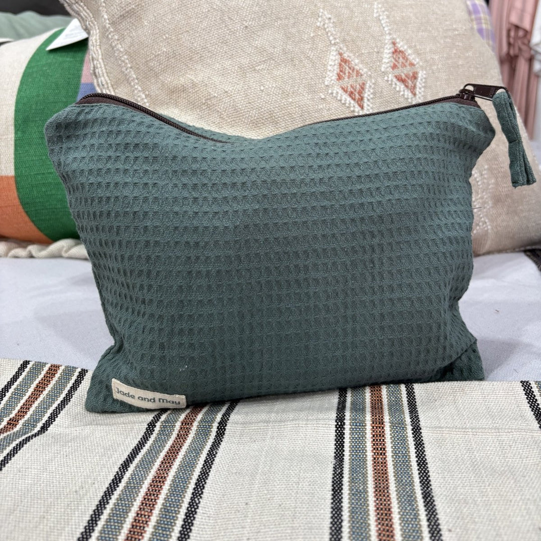 Cosmetic Pouch - Organic Waffle Cotton Zip Up Bag-Jade and May