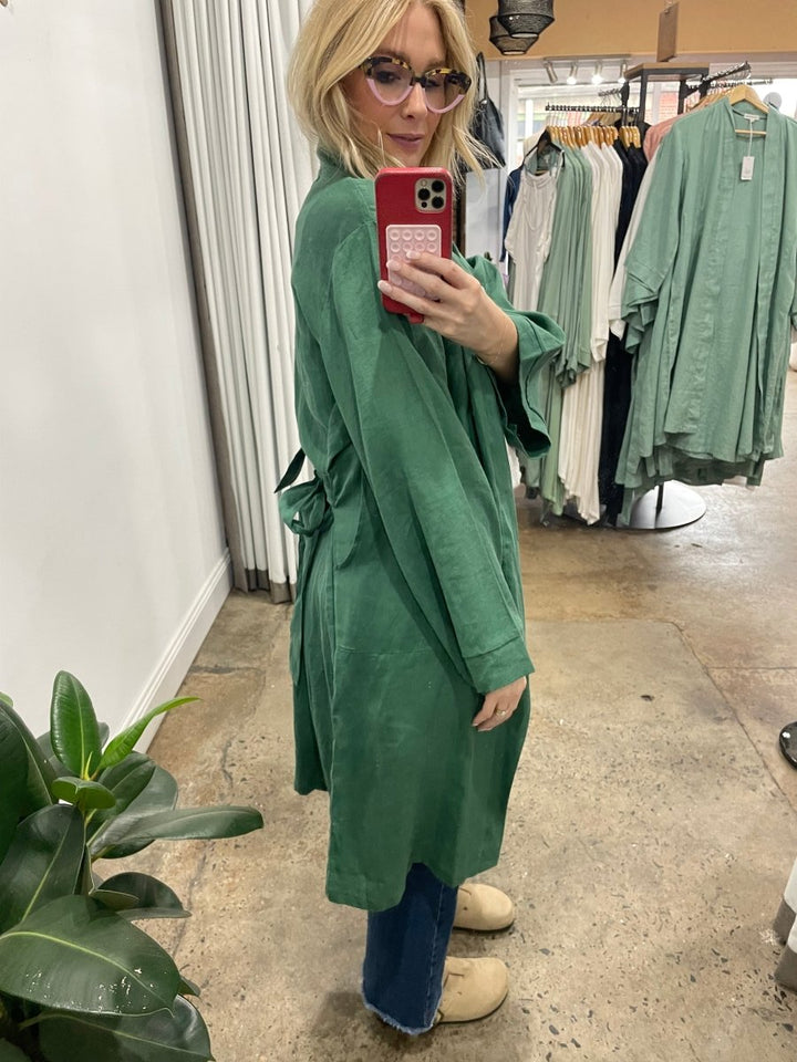 Linen Bathrobe - Emerald Green (Long)-Jade and May-Bathrobe-Jade and May