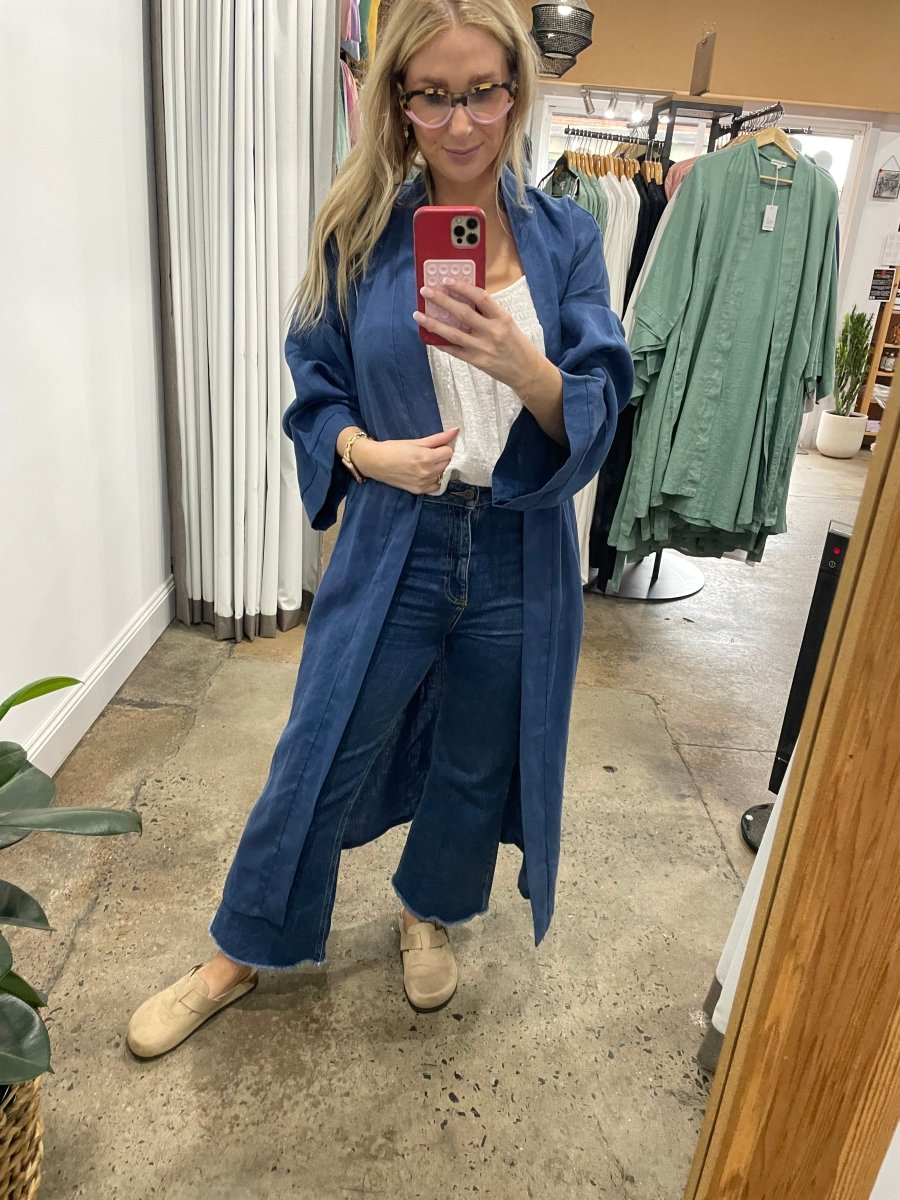 Linen Bathrobe - Navy (Long)-Jade and May-Bathrobe-Jade and May