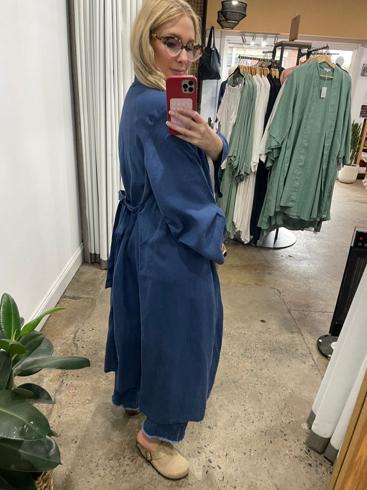 Linen Bathrobe - Navy (Long)-Jade and May-Bathrobe-Jade and May