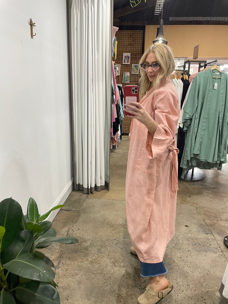 Linen Bathrobe - Pink (Long)-Jade and May-Bathrobe-Jade and May