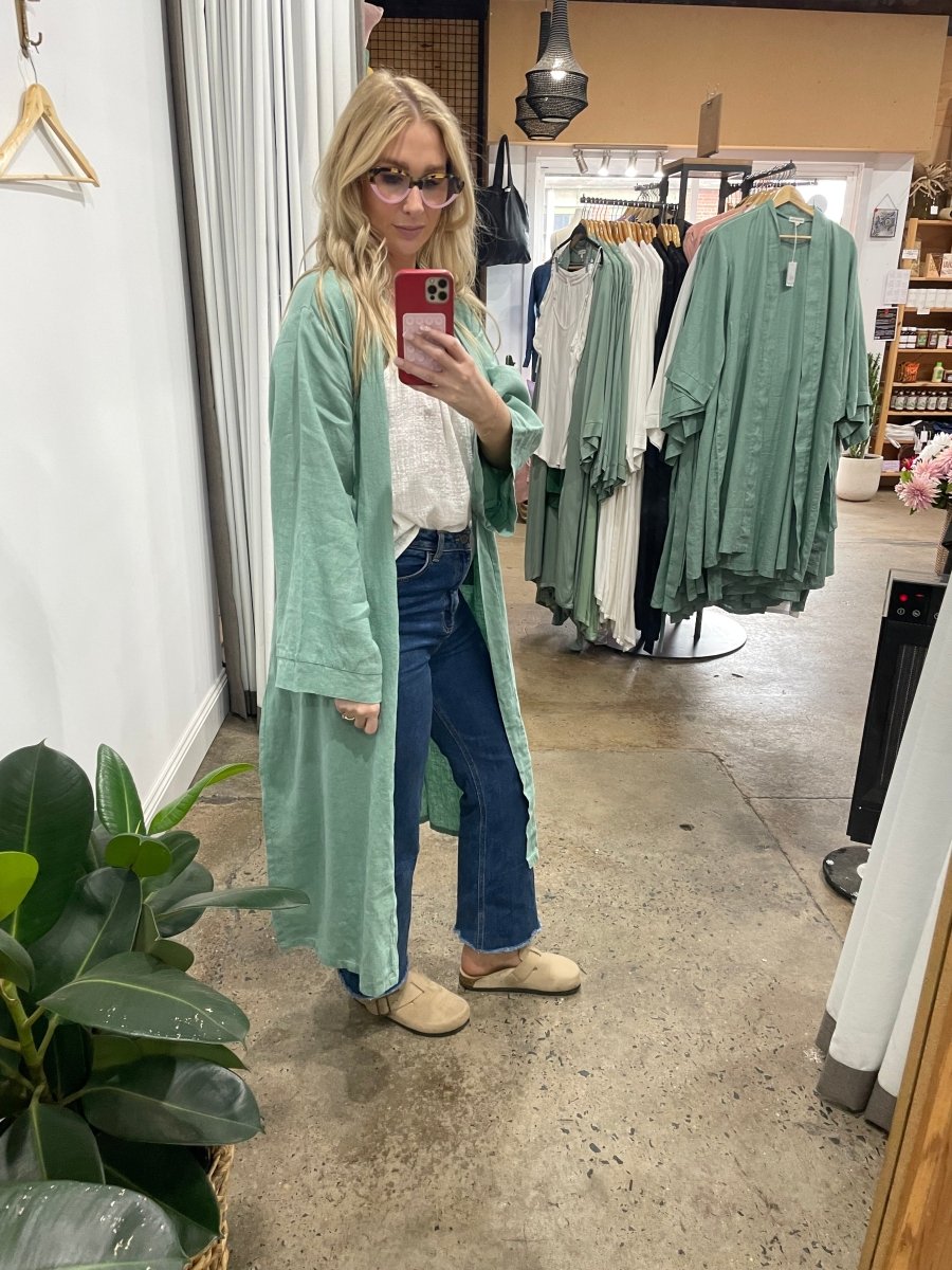 Linen Bathrobe - Sage Green (Long)-Jade and May-Bathrobe-Jade and May