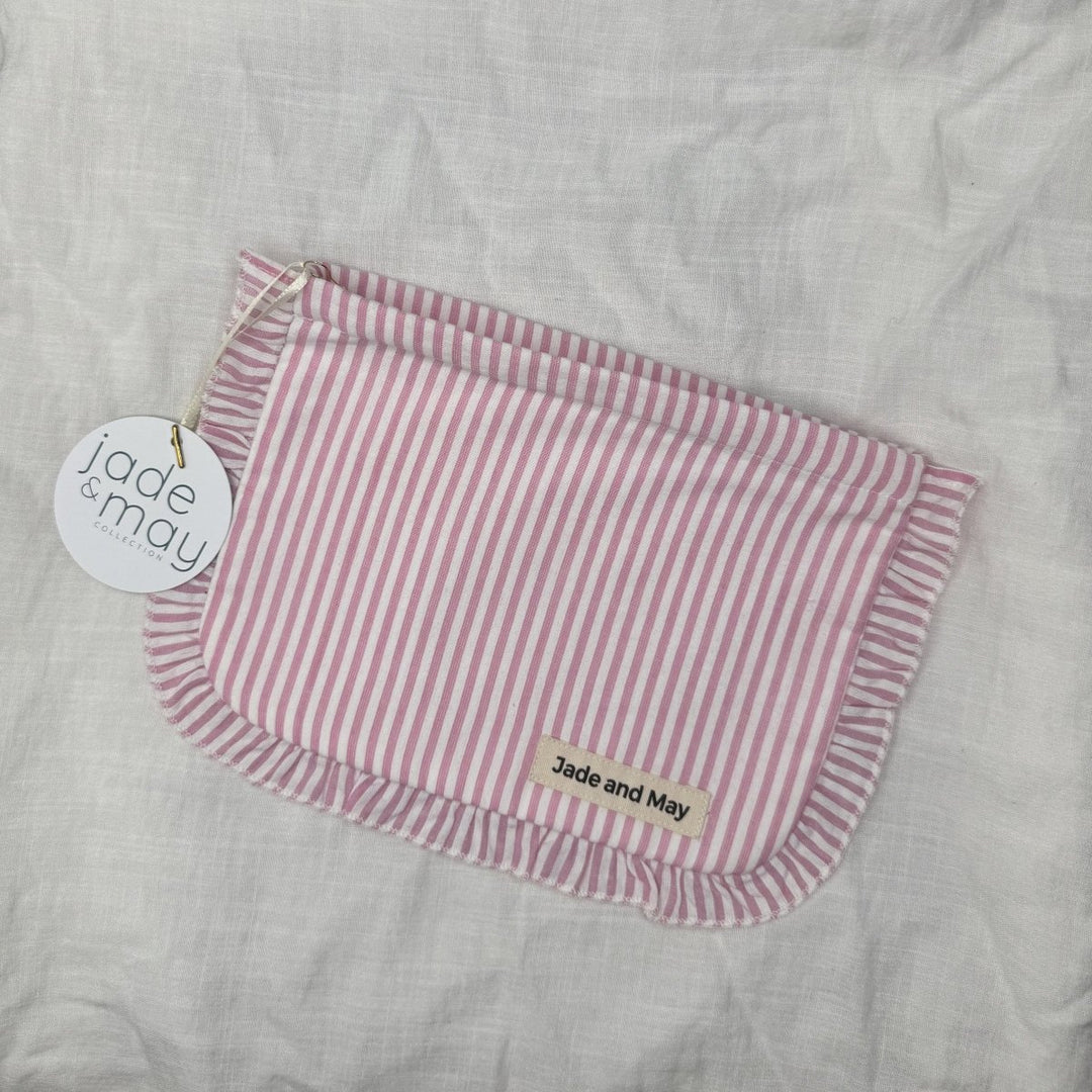 Linen Cosmetic Pouch in Stripe with Frill - Cosmetic & Toiletry Bags - Jade and May Accessories
