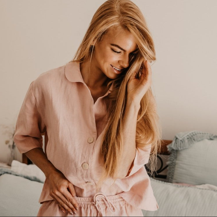 Linen Button Up and Short PJ Set in Pink - Pyjamas