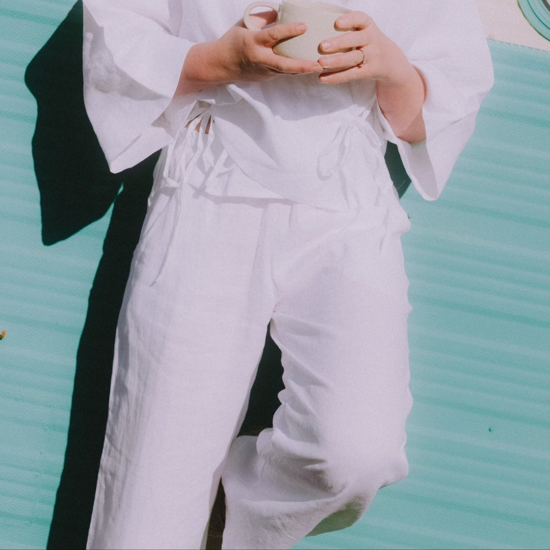Linen Lounge Set - White Linen Wrap Shirt &amp; Lounge Pant Bundle - Bundles - Jade and May Linen