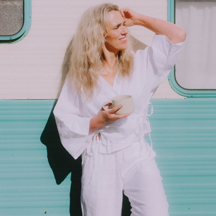 Linen Lounge Set - White Linen Wrap Shirt &amp; Lounge Pant Bundle - Bundles - Jade and May Linen