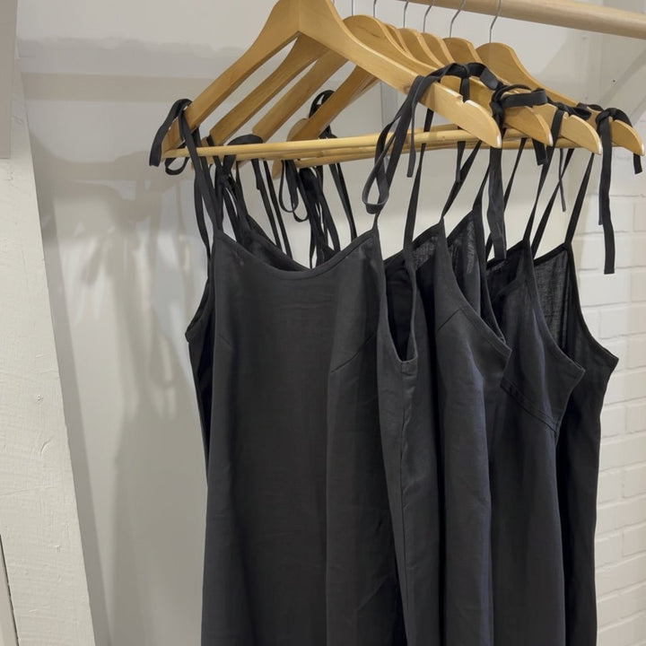 Linen Nightie in Black | Mid Length-Nightie-Jade and May Sleepwear