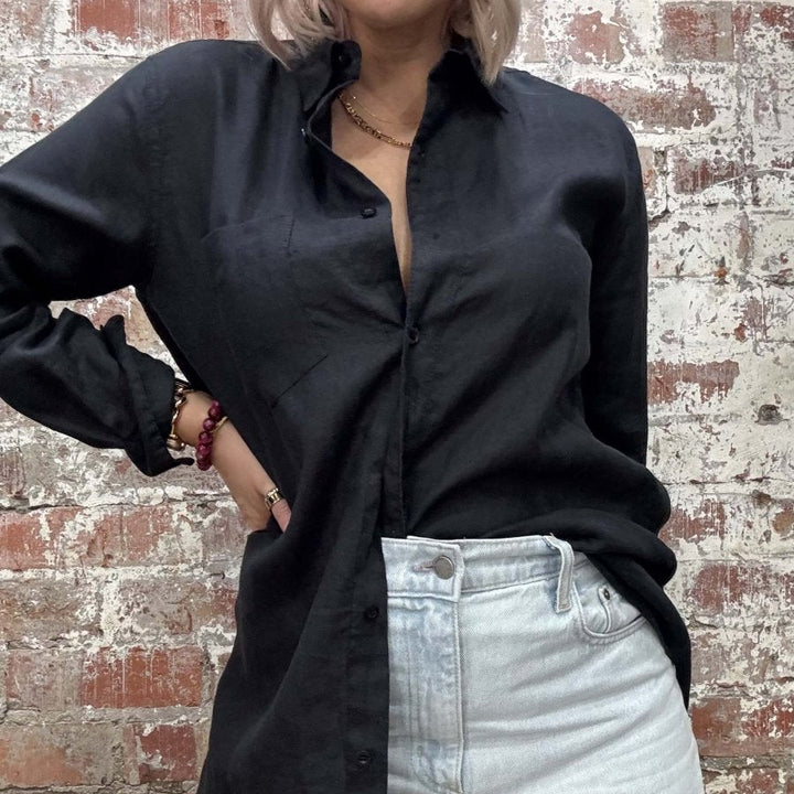 Linen Nightshirt in Black-Nightie-Jade and May Linen