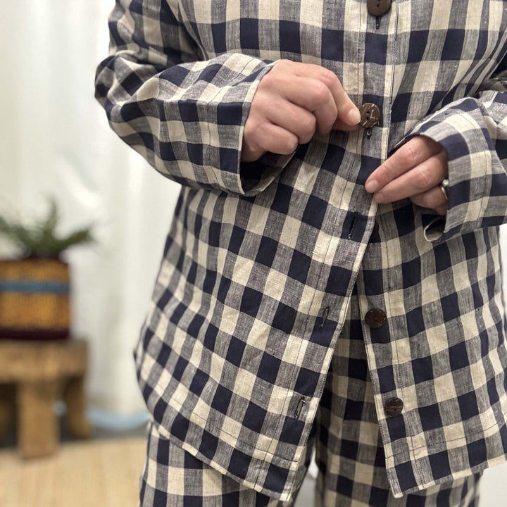 Linen Pyjama - Classic Set in Navy Check - Pyjamas