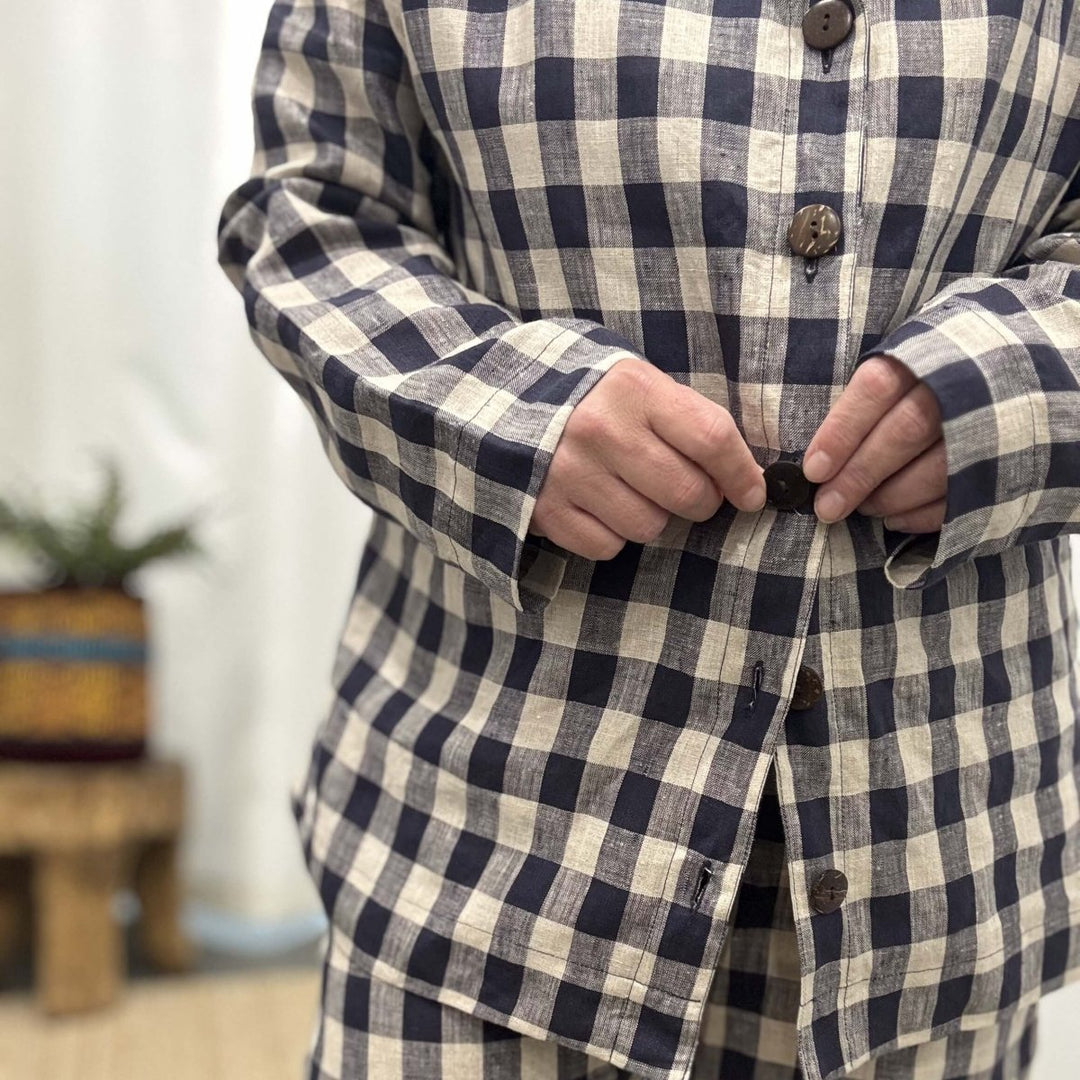 Linen Pyjama - Classic Set in Navy Check - Pyjamas