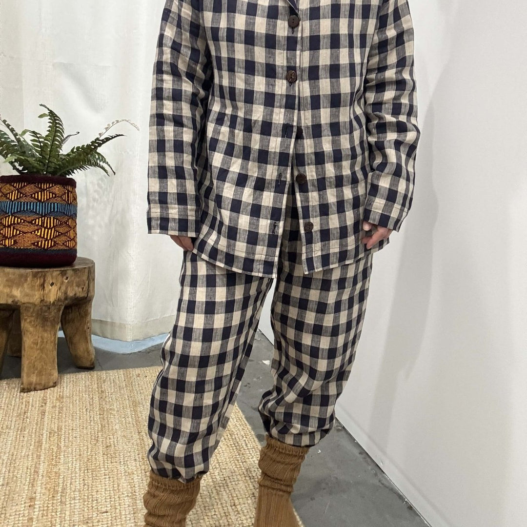 Linen Pyjama - Classic Set in Navy Check - Pyjamas