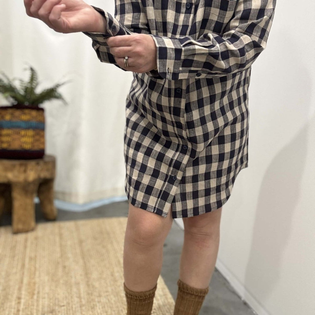 Linen Sleep Shirt in Navy Check - Nightie