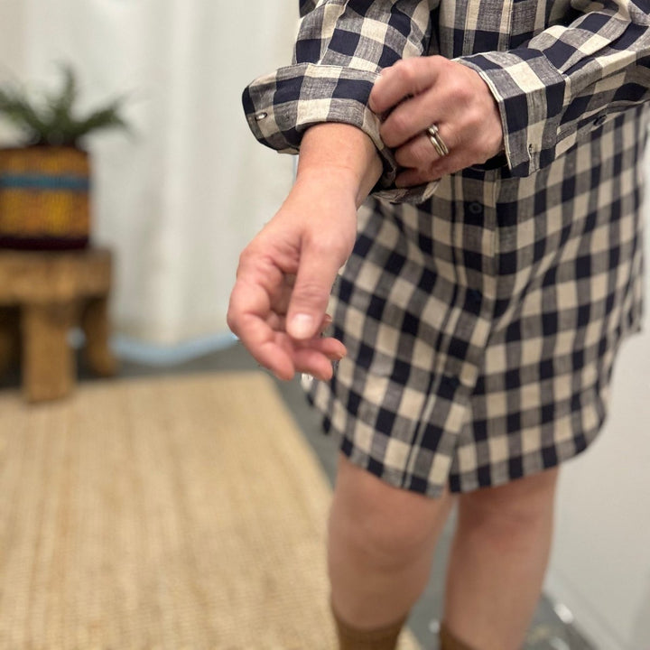 Linen Sleep Shirt in Navy Check - Nightie