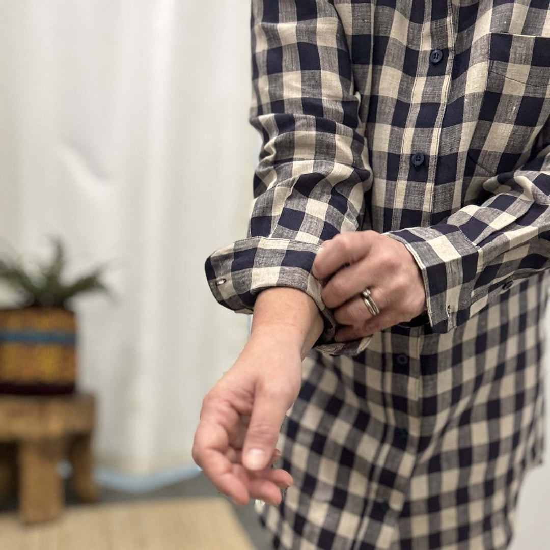 Linen Sleep Shirt in Navy Check - Nightie