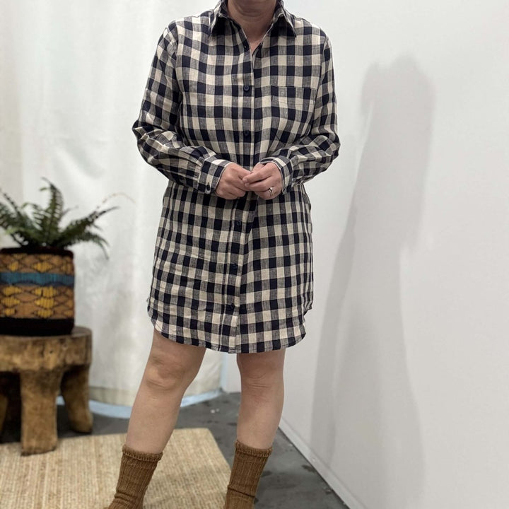 Linen Sleep Shirt in Navy Check - Nightie