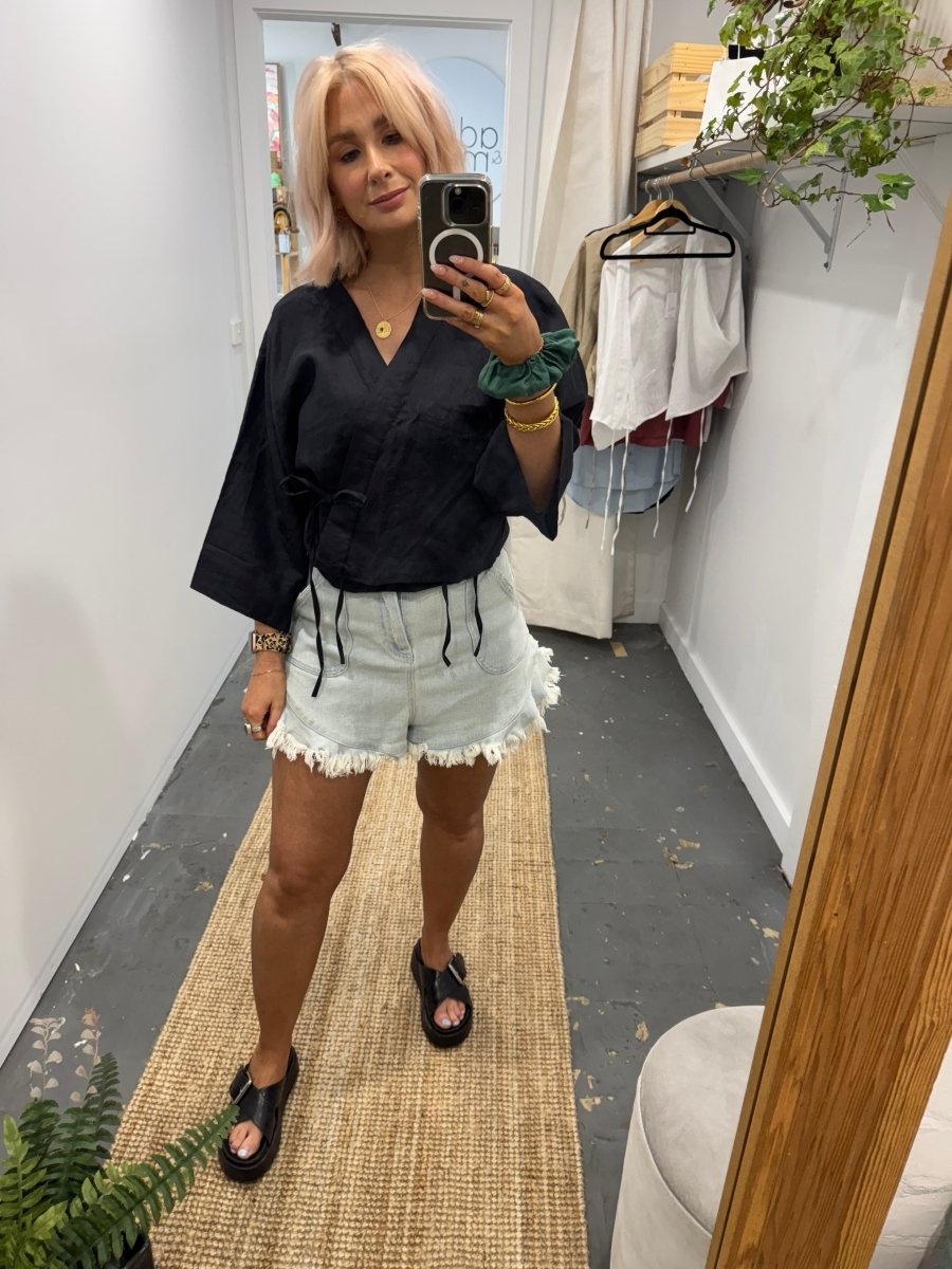Wrap Shirt in Black Linen - Apparel