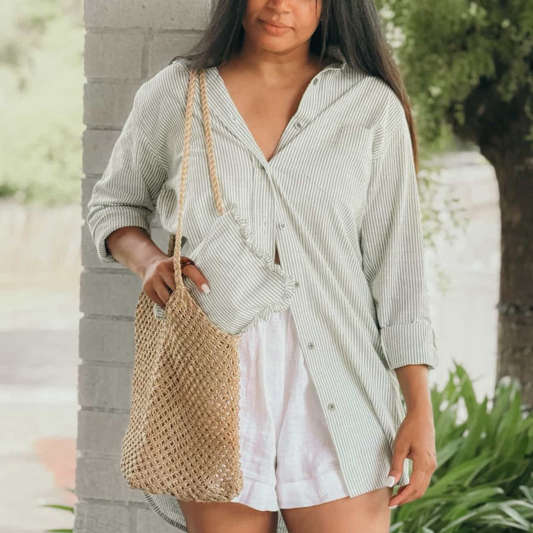 Long Cotton Shirt in Olive Stripe - Apparel