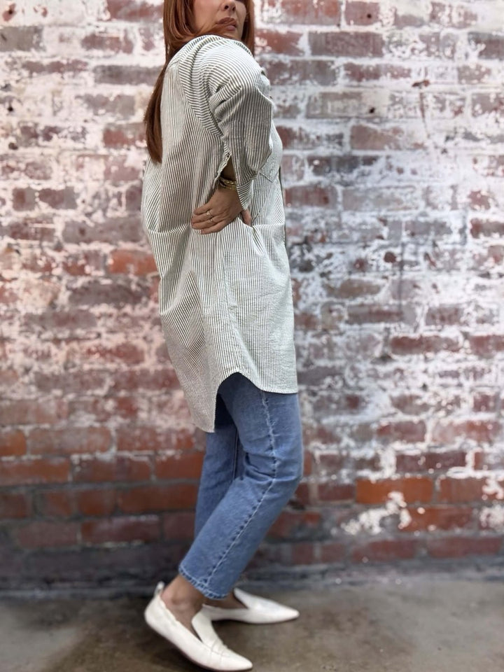 Long Cotton Shirt in Olive Stripe PRE ORDER - 