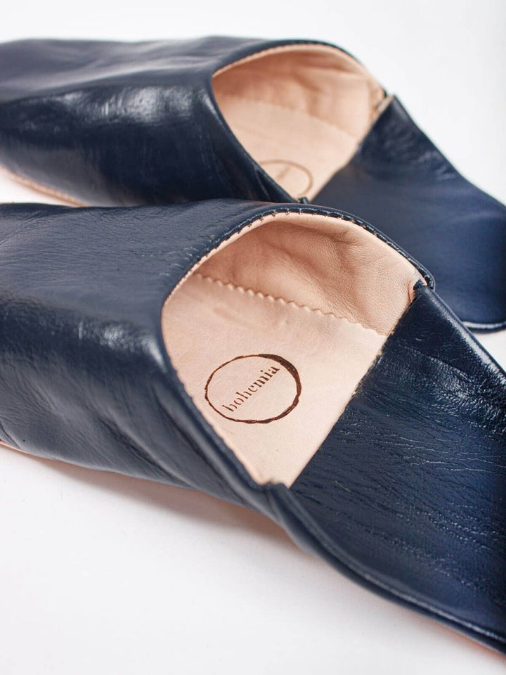 Moroccan Leather Babouche Slippers in Indigo - Slippers