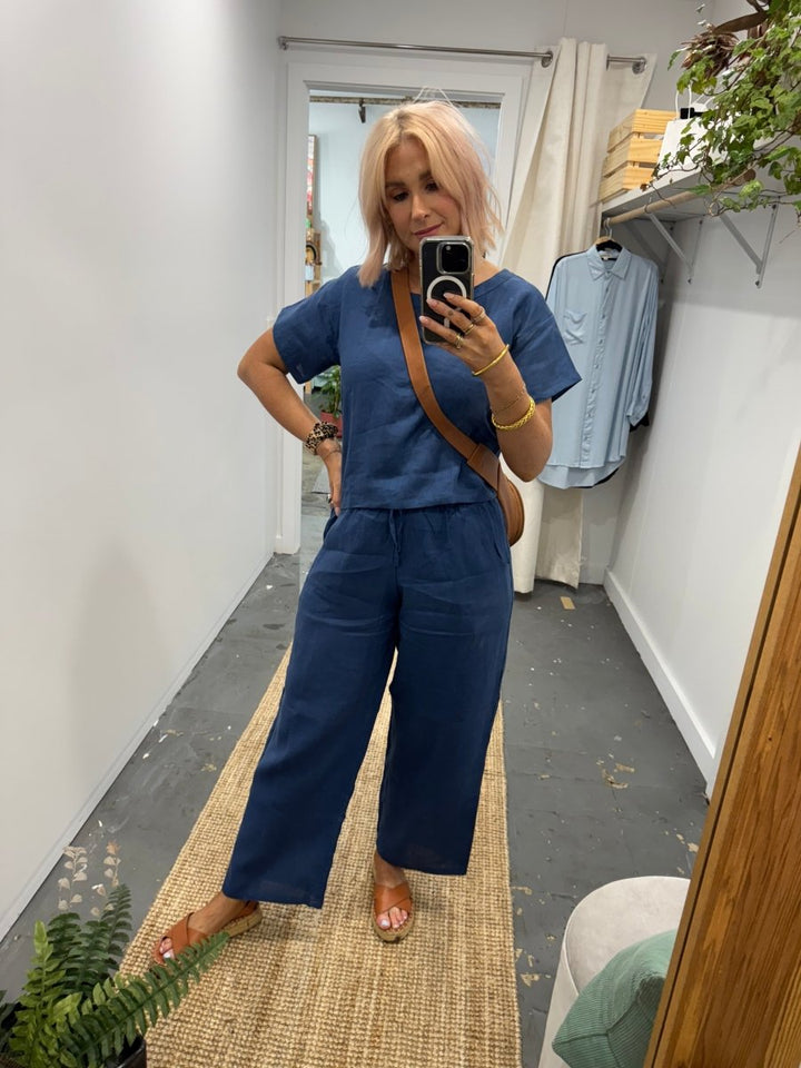 Navy Linen Tee & Wide Leg Pant Set - Jade and May - Apparel - Jade and May