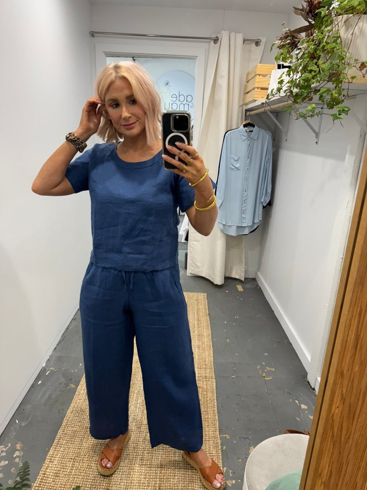 Navy Linen Tee & Wide Leg Pant Set - Jade and May - Apparel - Jade and May