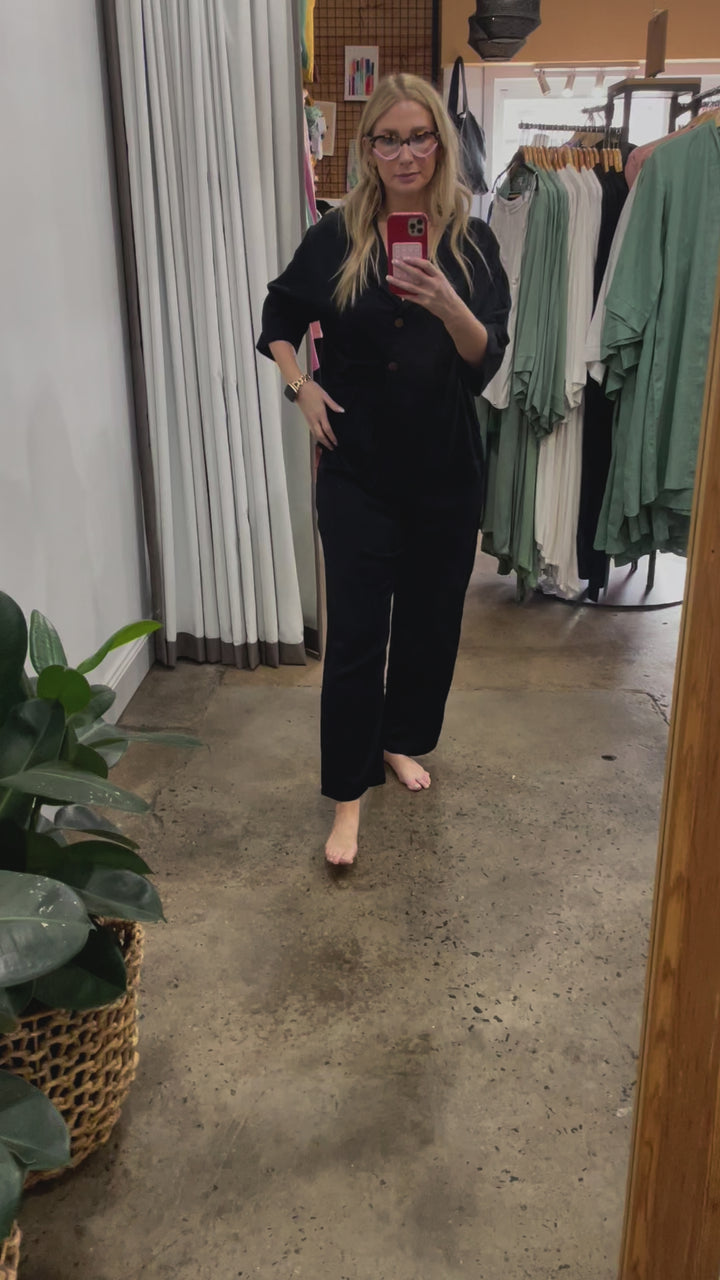Bamboo Pyjamas - Crop Button Up + Pant Set in Black