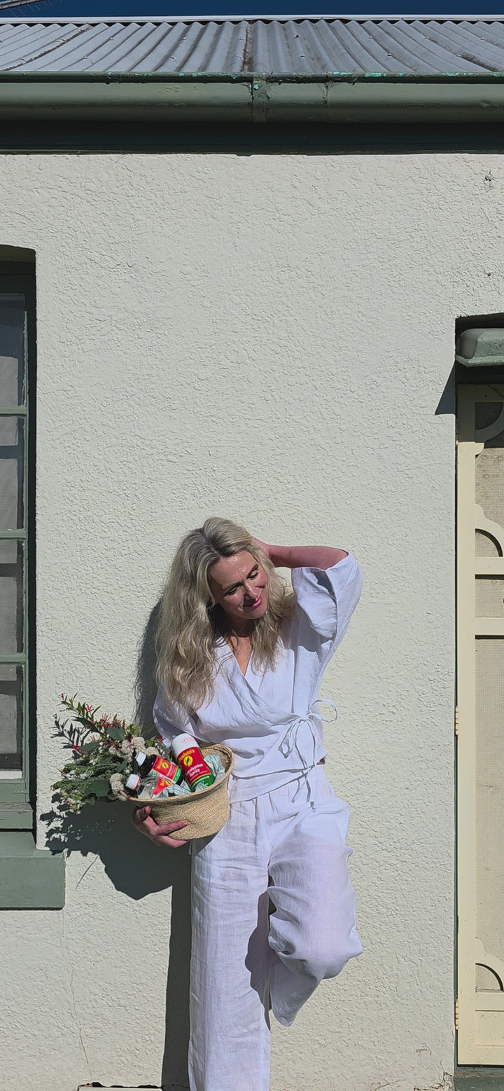 Linen Lounge Set - White Linen Wrap Shirt & Lounge Pant Bundle