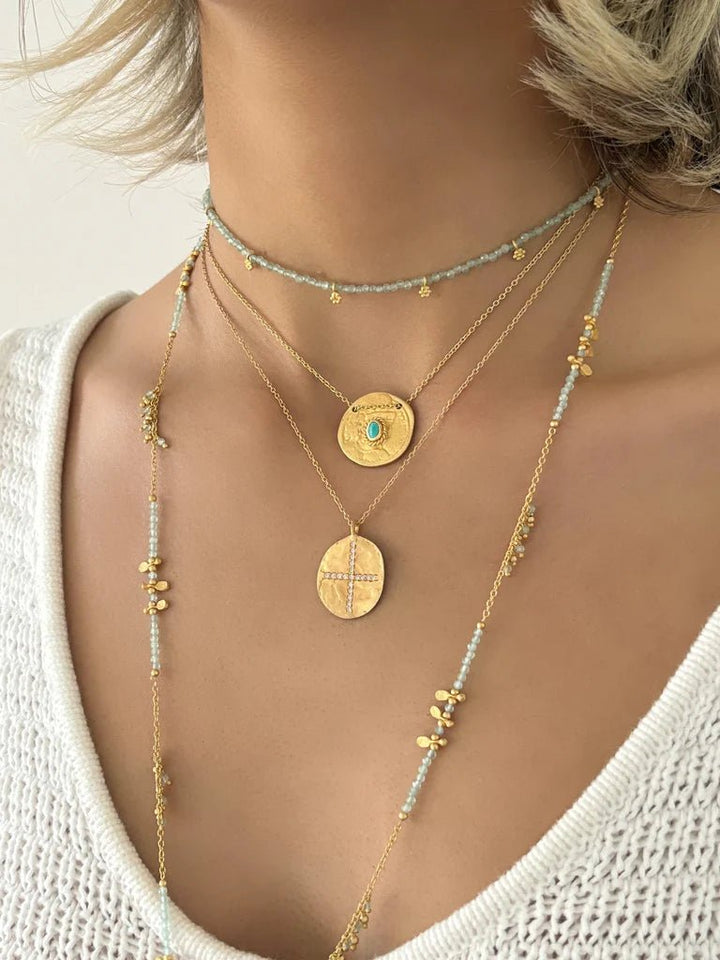 Rubyteva Designs - Long Aquamarine Gold Charm Necklace - Jewellery