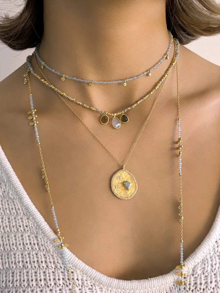 Rubyteva Designs - Long Aquamarine Gold Charm Necklace - Jewellery