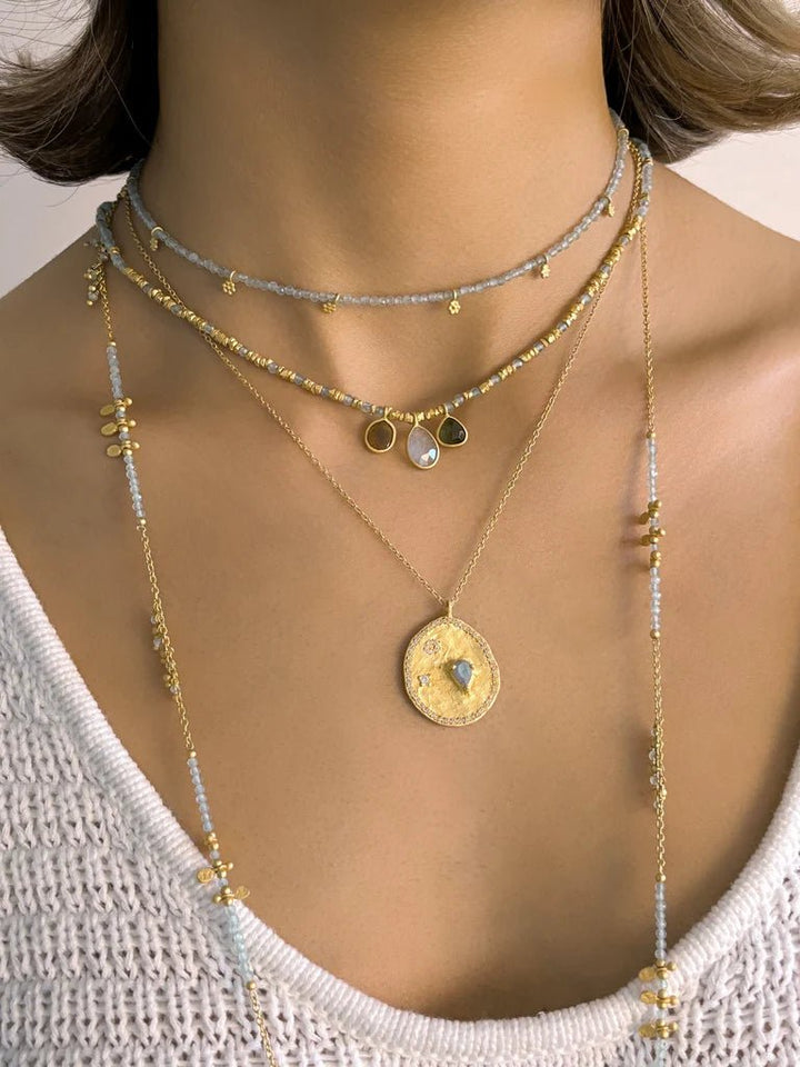 Rubyteva Designs - Long Aquamarine Gold Charm Necklace - Jewellery