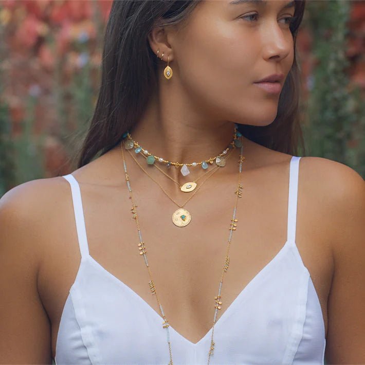 Rubyteva Designs - Long Aquamarine Gold Charm Necklace - Jewellery