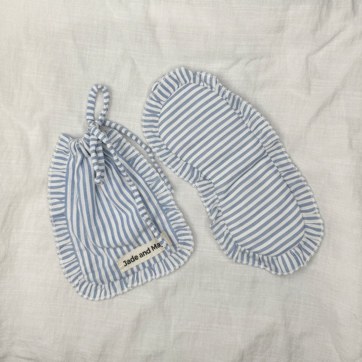 Sleep Mask in Blue Stripe Linen with Feature Frill & Travel Bag - Sleep Mask - Jade and May Sleepwear