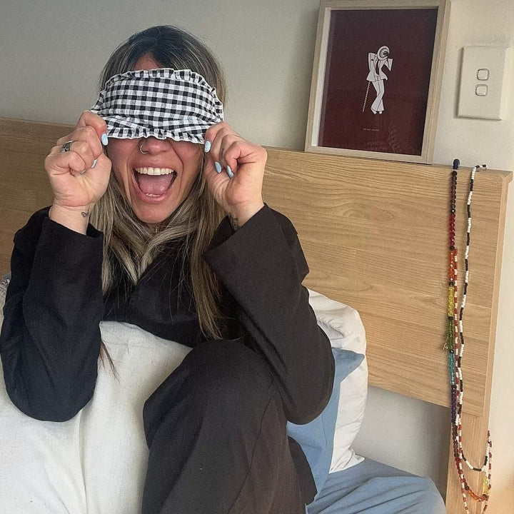 Sleep Mask in Gingham Linen with Feature Frills &amp; Storage Bag - Sleep Mask - Jade and May Sleepwear