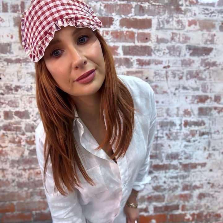 Sleep Mask in Gingham Linen with Feature Frills & Storage Bag - Sleep Mask