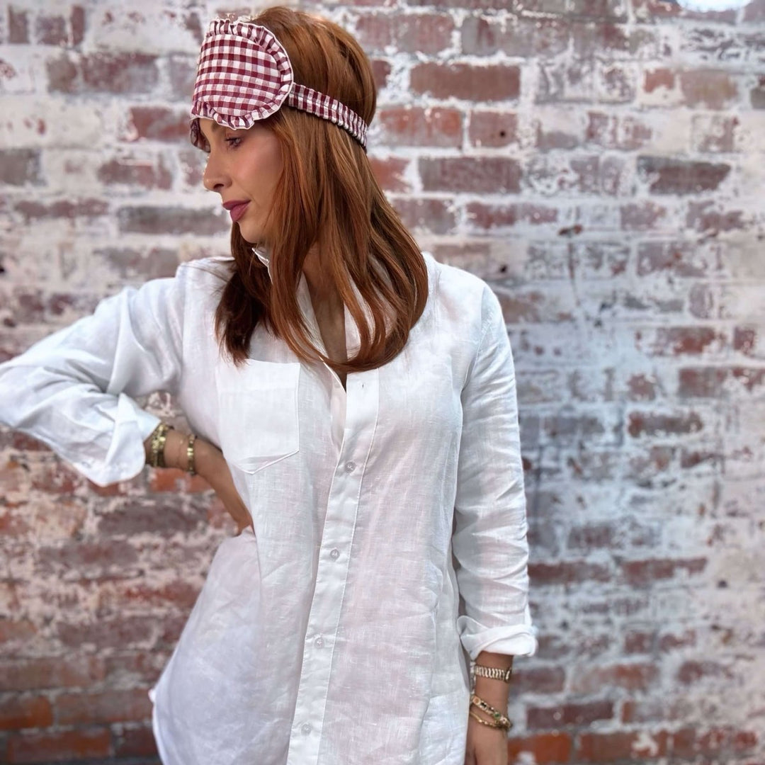 Sleep Mask in Gingham Linen with Feature Frills & Storage Bag - Sleep Mask