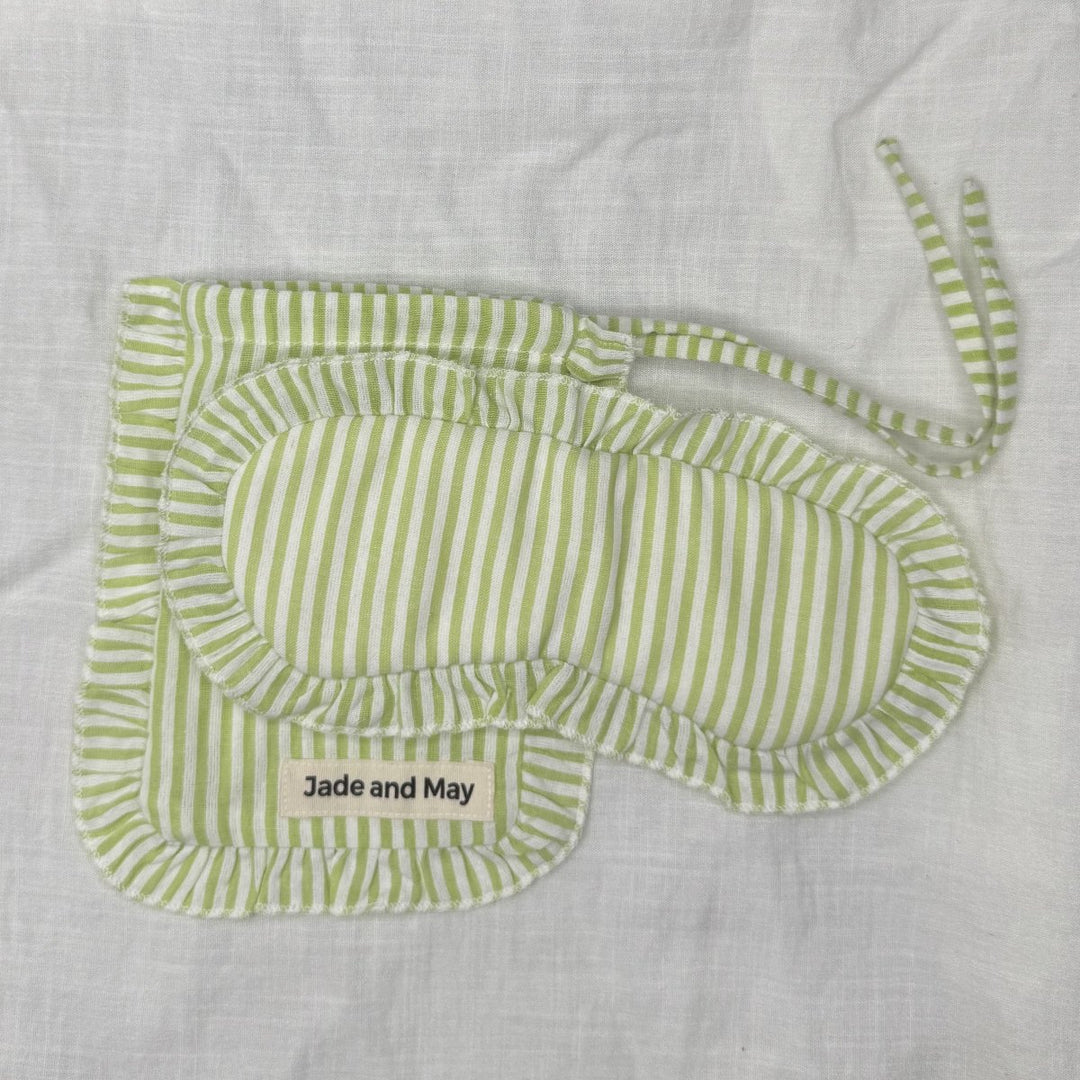 Sleep Mask in Green Stripe Linen with Feature Frill & Travel Bag - Sleep Mask - Jade and May Sleepwear