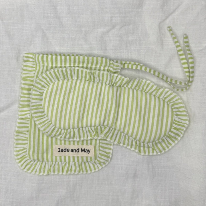 Sleep Mask in Green Stripe Linen with Feature Frill & Travel Bag - Sleep Mask - Jade and May Sleepwear