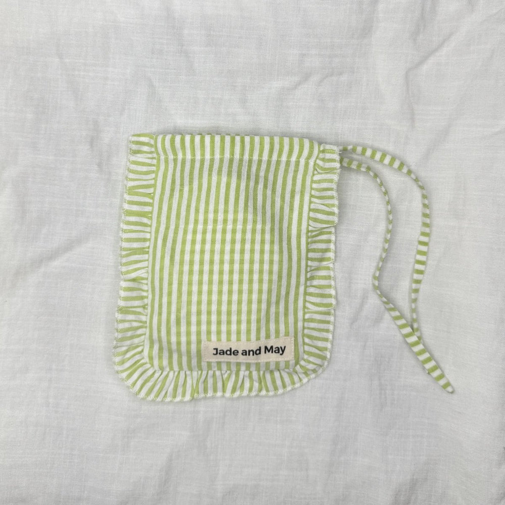 Sleep Mask in Green Stripe Linen with Feature Frill & Travel Bag - Sleep Mask - Jade and May Sleepwear