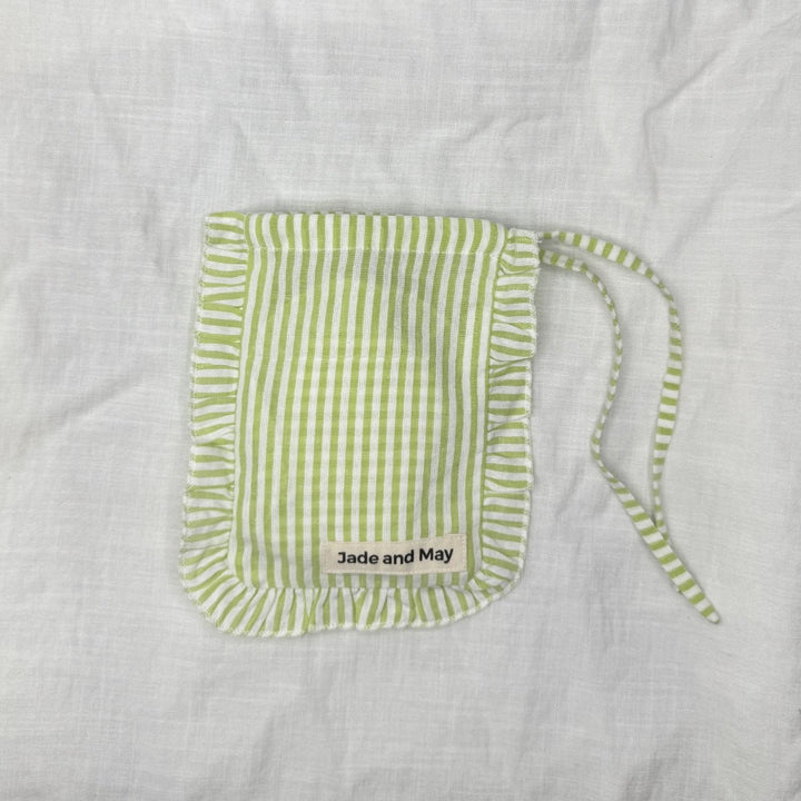Sleep Mask in Green Stripe Linen with Feature Frill & Travel Bag - Sleep Mask - Jade and May Sleepwear