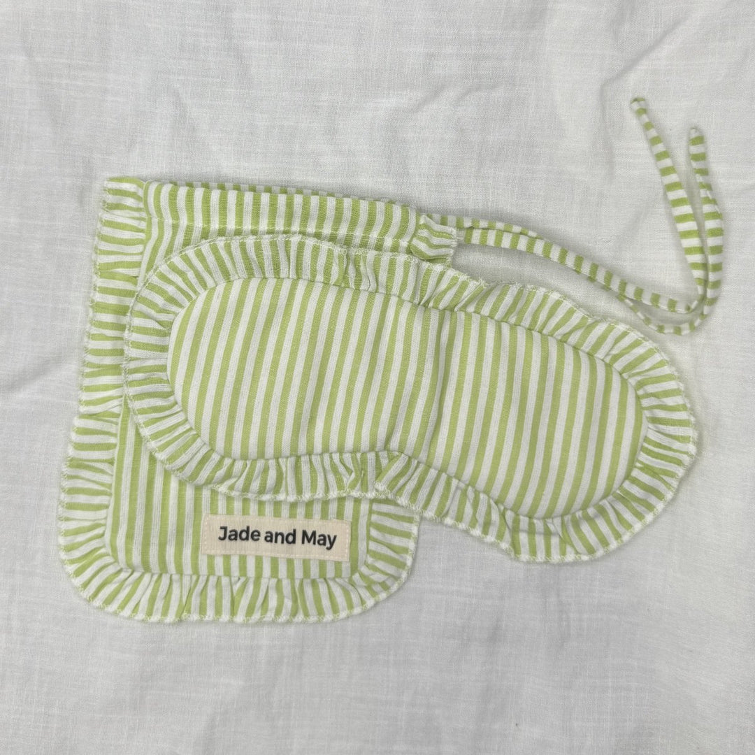 Sleep Mask in Green Stripe Linen with Feature Frill & Travel Bag - Sleep Mask - Jade and May Sleepwear