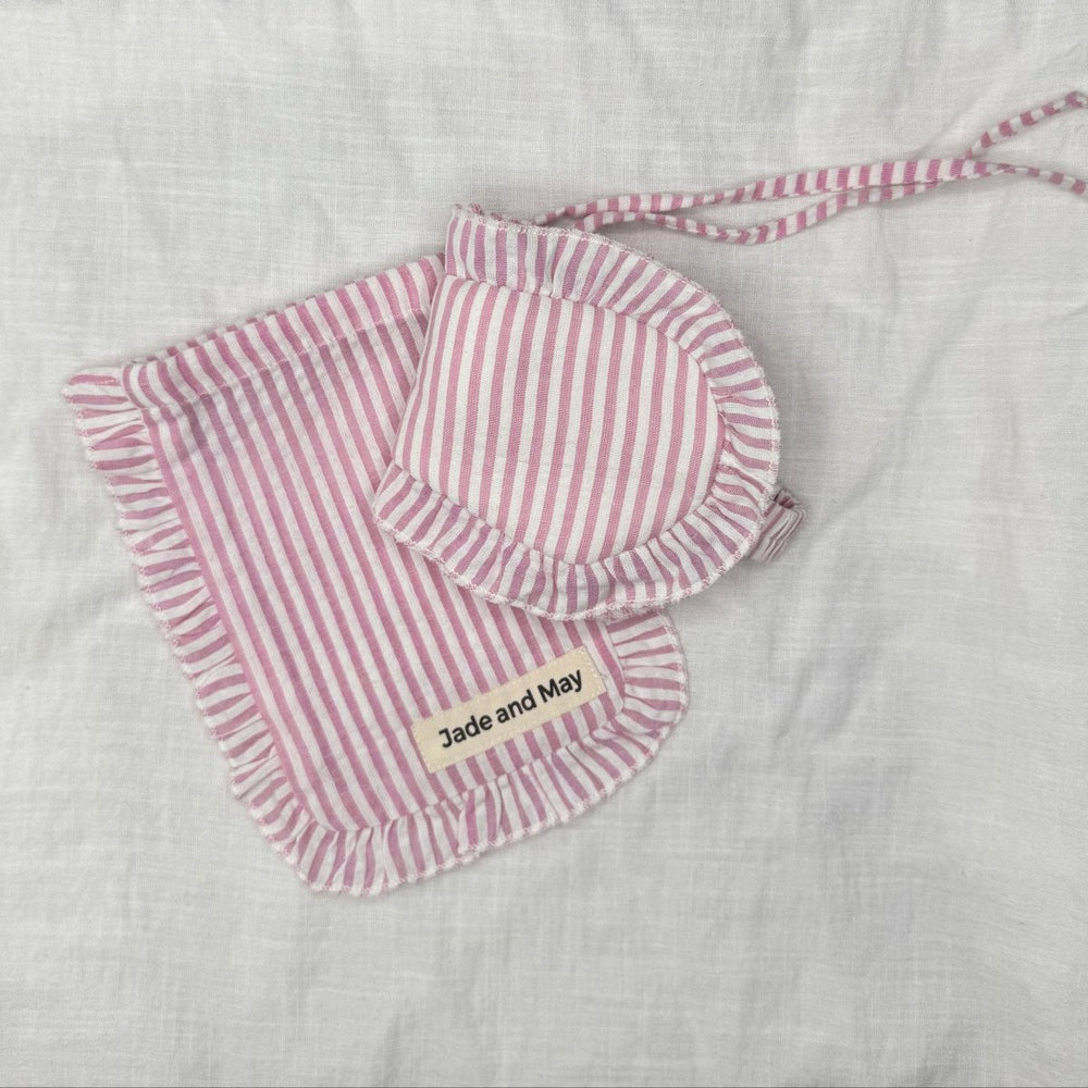Sleep Mask in Pink Stripe Linen with Feature Frill & Travel Bag - Sleep Mask - Jade and May Sleepwear