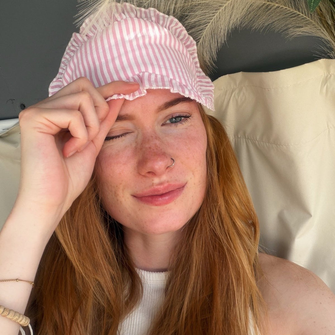 Sleep Mask in Pink Stripe Linen with Feature Frill & Travel Bag-Sleep Mask-Jade and May Sleepwear