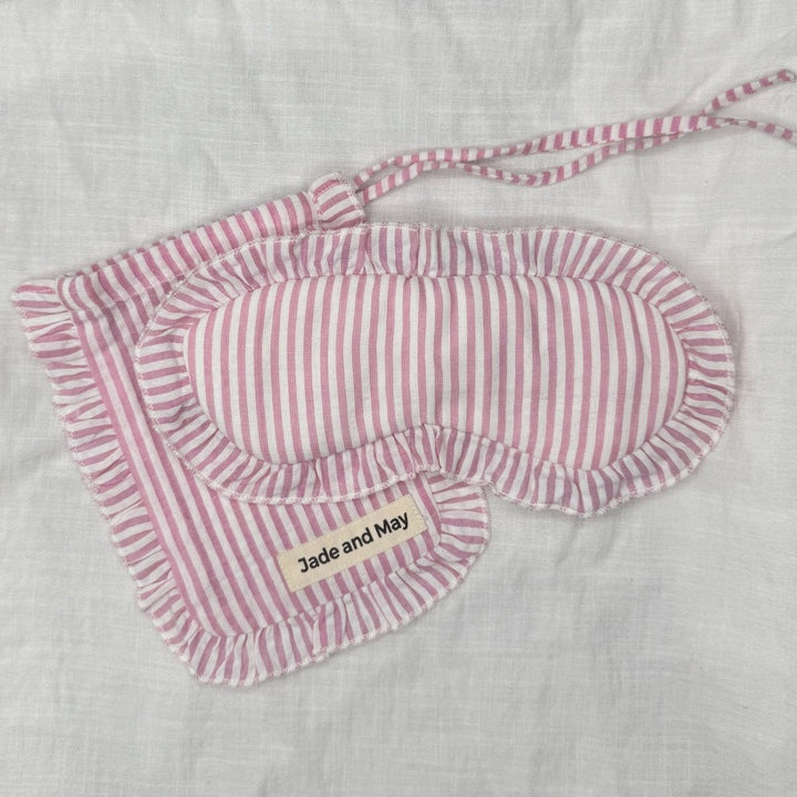Sleep Mask in Pink Stripe Linen with Feature Frill & Travel Bag - Sleep Mask - Jade and May Sleepwear