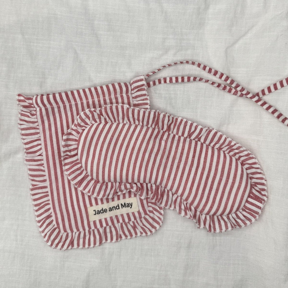Sleep Mask in Red Stripe Linen with Feature Frill & Travel Bag - Sleep Mask - Jade and May Sleepwear