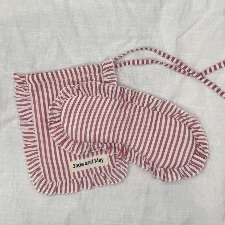 Sleep Mask in Red Stripe Linen with Feature Frill & Travel Bag - Sleep Mask - Jade and May Sleepwear