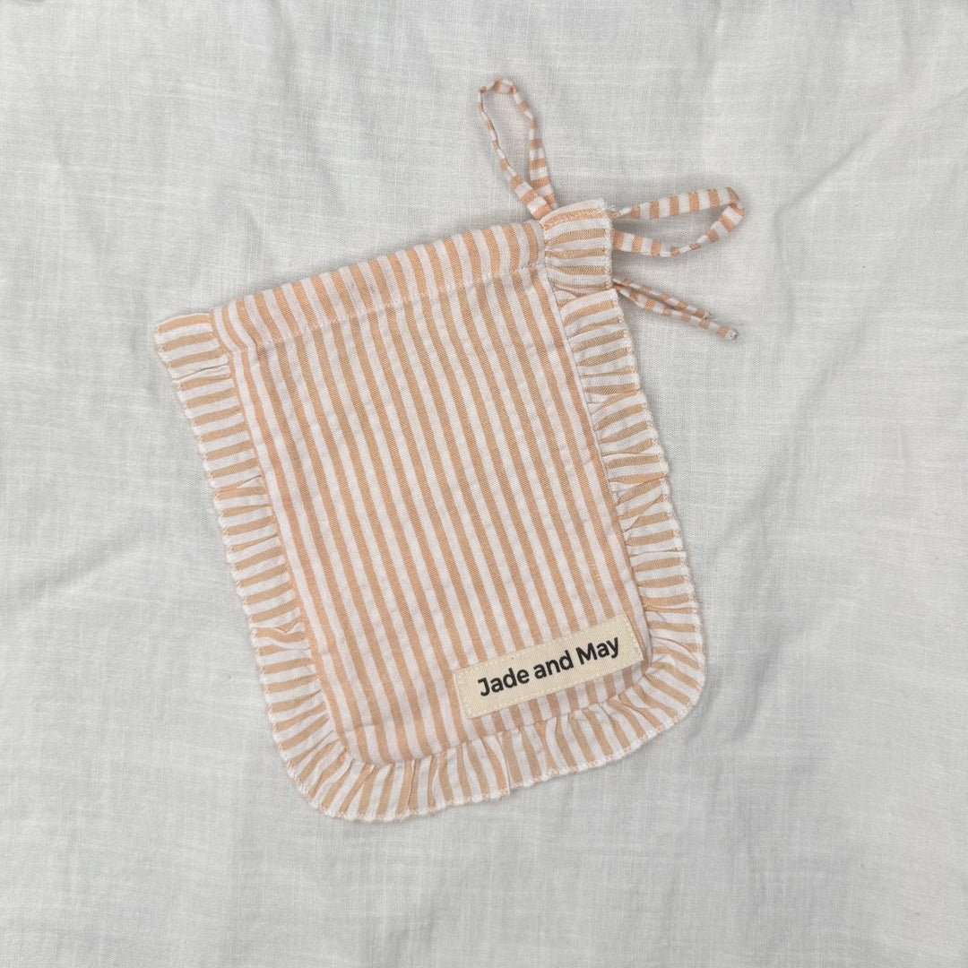 Sleep Mask in Tan Stripe Linen with Feature Frill & Travel Bag - Sleep Mask - Jade and May Sleepwear