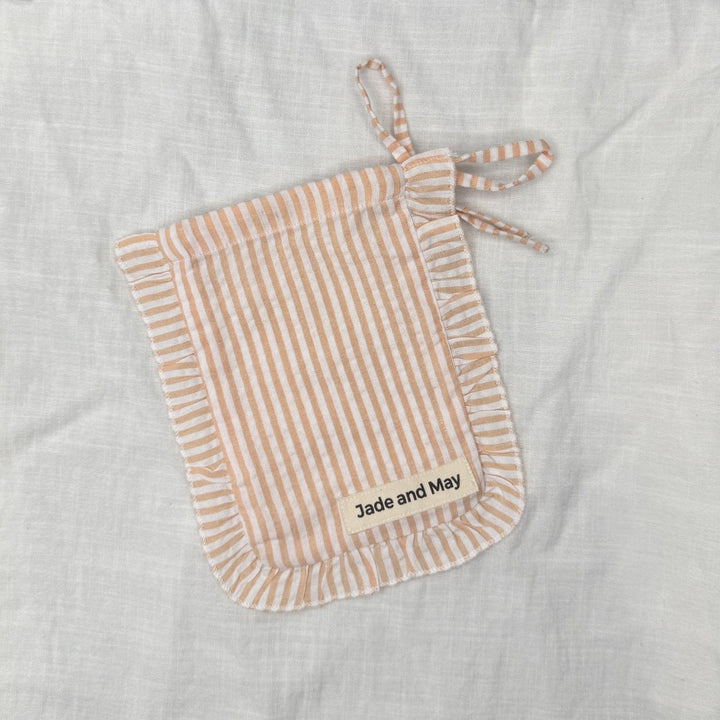 Sleep Mask in Tan Stripe Linen with Feature Frill & Travel Bag - Sleep Mask - Jade and May Sleepwear