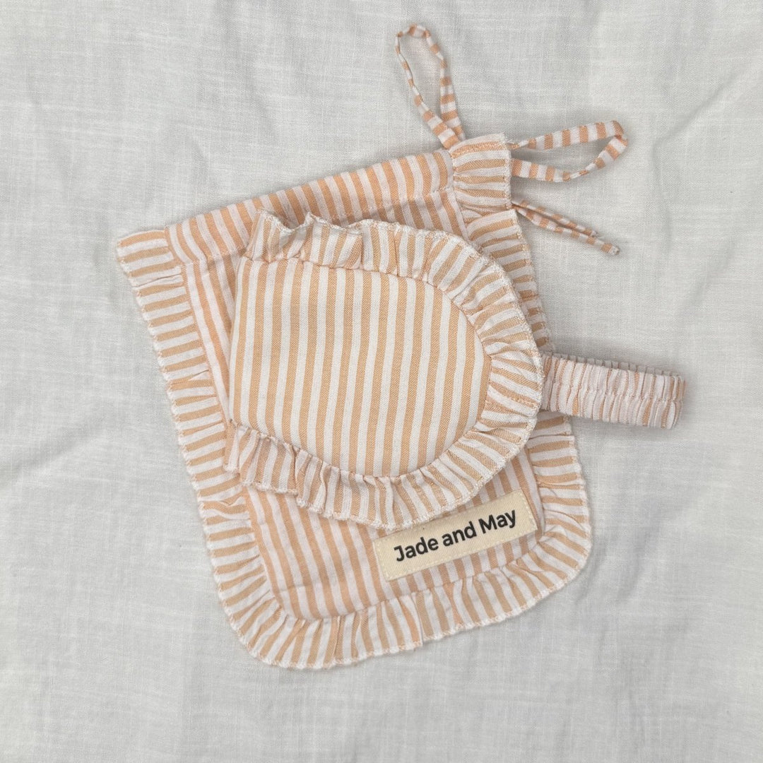 Sleep Mask in Tan Stripe Linen with Feature Frill & Travel Bag - Sleep Mask - Jade and May Sleepwear