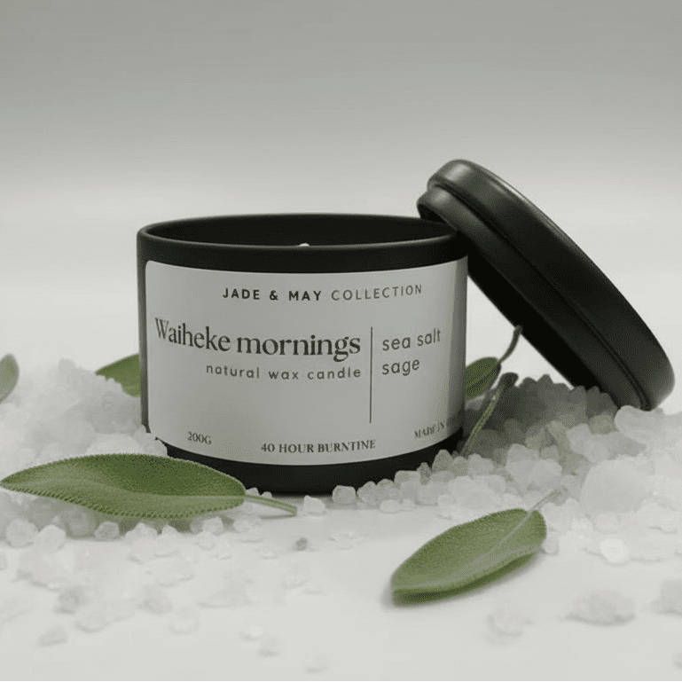 A black jar candle with its lid leaning against it on a light gray studio background. The front label reads 'Jade & May Collection', 'Waiteke mornings', and 'sea salt sage'.