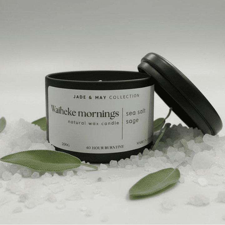 A black jar candle with its lid leaning against it on a light gray studio background. The front label reads &